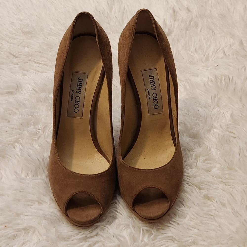 Jimmy Choo tan suede heels open toe